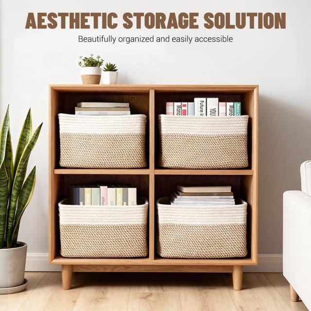 Detalle de Yilobi 5-Pack Woven Cotton Rope Storage Baskets (Khaki & White) for Shelves