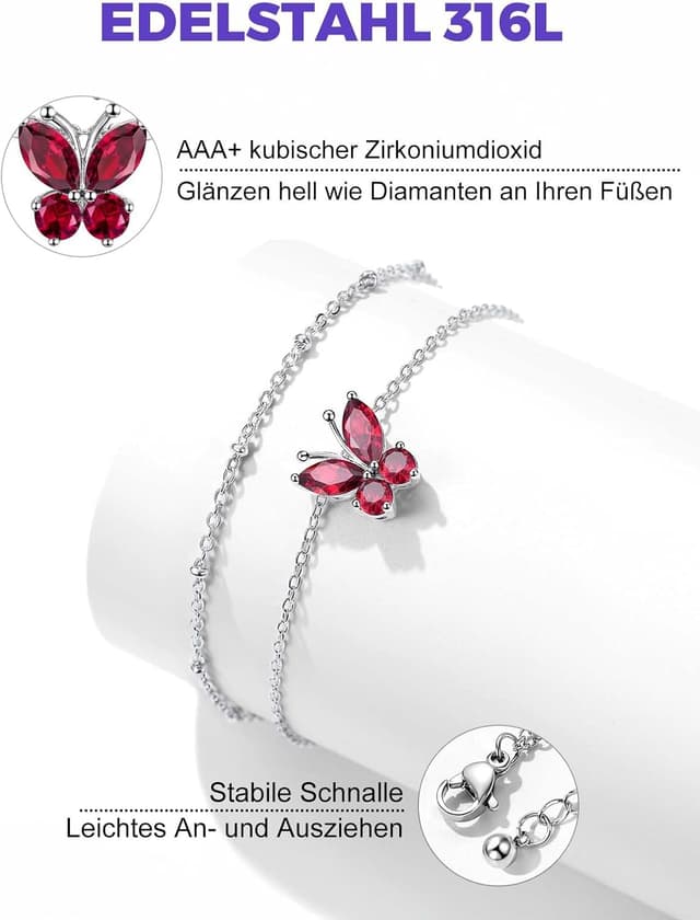Detalle 2 de Richsteel Geburtsstein Fußkette für Damen – doppeltes Fußkettchen aus 316L Edelstahl mit Schmetterling
