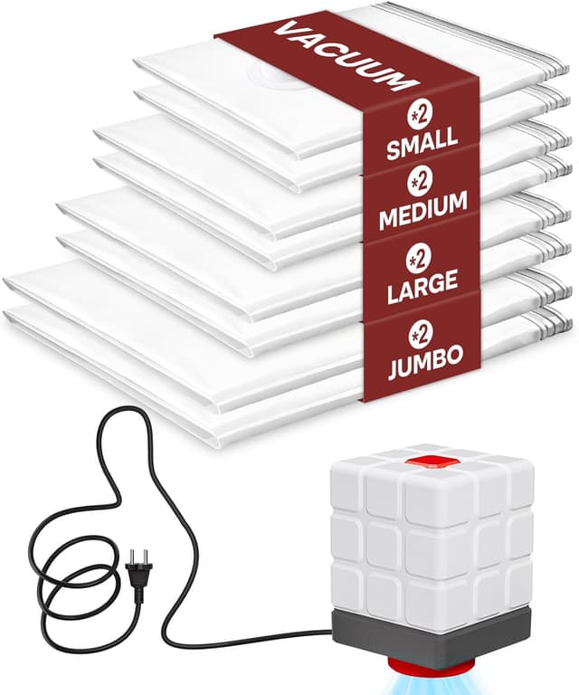 Detalle de Vacbird Sacchetti sottovuoto per vestiti con pompa elettrica, confezione da 8 (2 jumbo, 2 grandi, 2 medi, 2 piccoli)