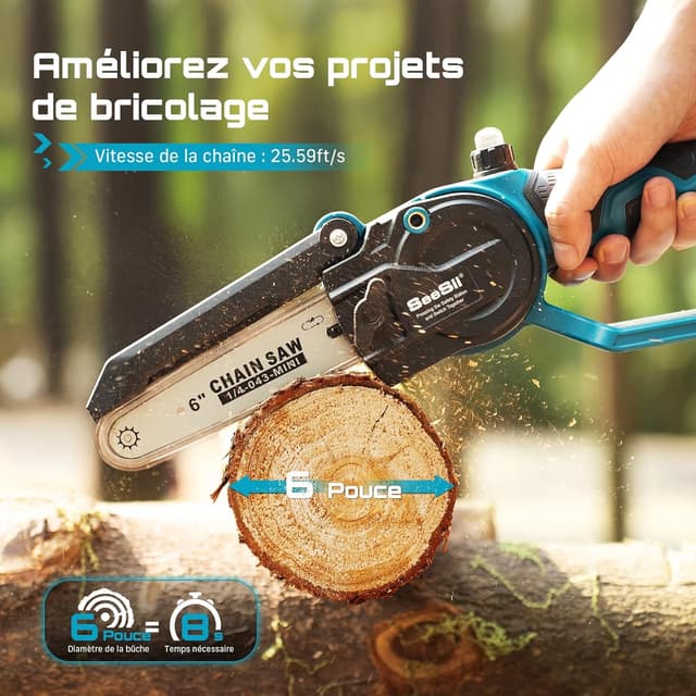 Detalle de SEESII 6 pouces mini tronçonneuse & sécateur électrique sans fil 2-en-1 (kit batteries 2×2000 mAh, moteur brushless)