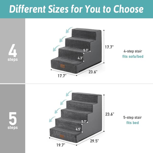 Detalle de COZY KISS Wide Dog Stairs for Small Dogs – 5-Step Non-Slip Pet Steps (Dark Grey)
