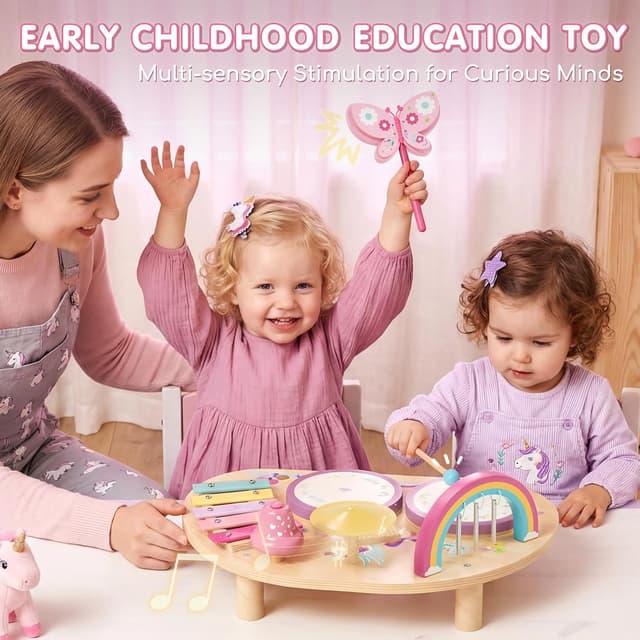 Detalle de Lehoo Castle Unicorn Kids Drum Kit with Wooden Xylophone & 2 Drums (Montessori-style play for 12M+)