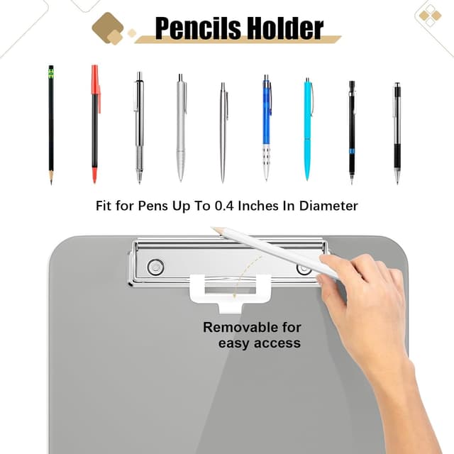 Detalle 2 de Hnogri Kunststoff-Klemmbrett Standard A4/Letter (12,5 × 9 Zoll) mit Stifthalter, flachem Clip – Grau