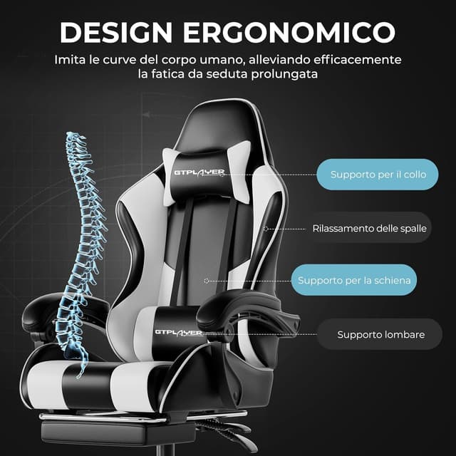 Thumbnail 6 de LUCKRACER Sedia da Gaming Massaggiante ed Ergonomica con schienale regolabile, poggiapiedi e supporto lombare (reclinabile) – Bianco