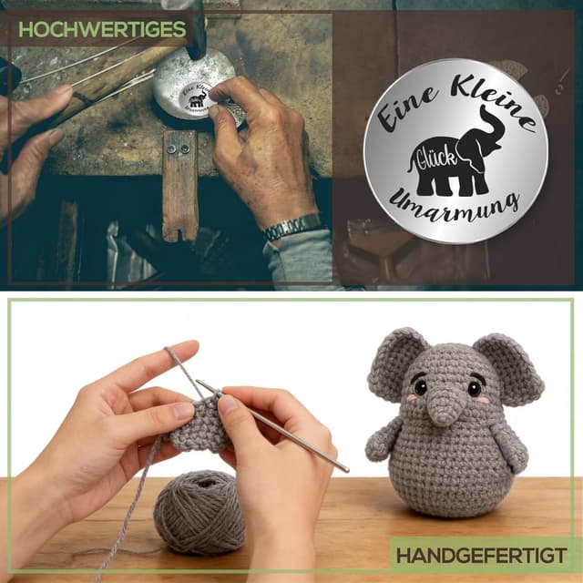 Detalle de Tixlux Pocket Hug „Positiver Elefant“ – Strick-Dekofigur mit Edelstahl-Glücksbringer als Mutmacher-Geschenk