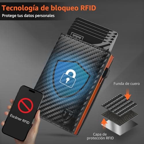 Detalle de TEEHON Carteras para Hombre con bloqueo RFID magnético y tarjetero de fibra de carbono (con monedero y ventana para ID)