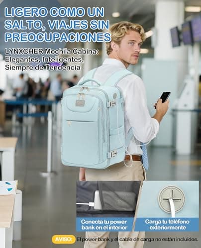 Detalle 2 de LYNXCHER Mochila de cabina para avión 40x20x25 cm (compatibilidad estilo Ryanair) con espacio para portátil de 14” y 20 L, celeste