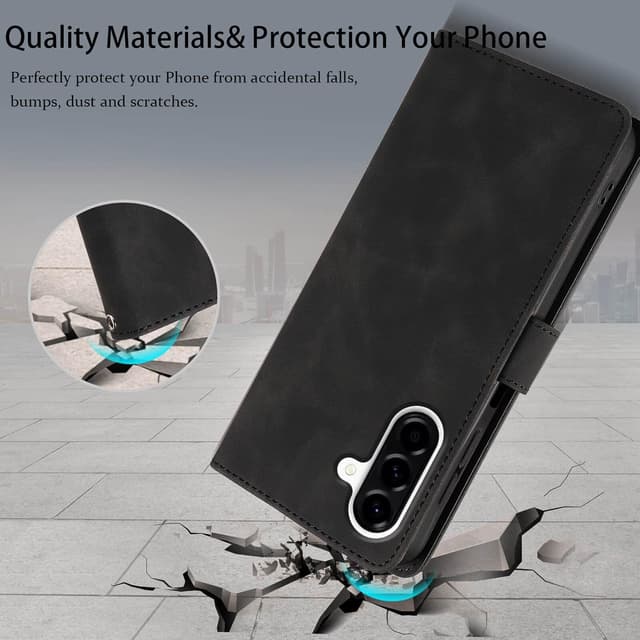 Detalle de GOTOURED Handyhülle für Samsung Galaxy A26 (RFID, Kartenfach, Magnetverschluss, Stand & Handgelenksgurt) – Schwarz