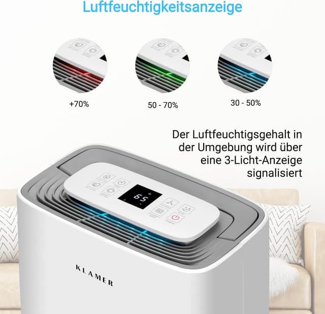 Detalle de KLAMER Luftentfeuchter elektrisch 25 L/24h – 5,5-L-Tank, leise, Smart Sensor, Timer & Wäschemodus