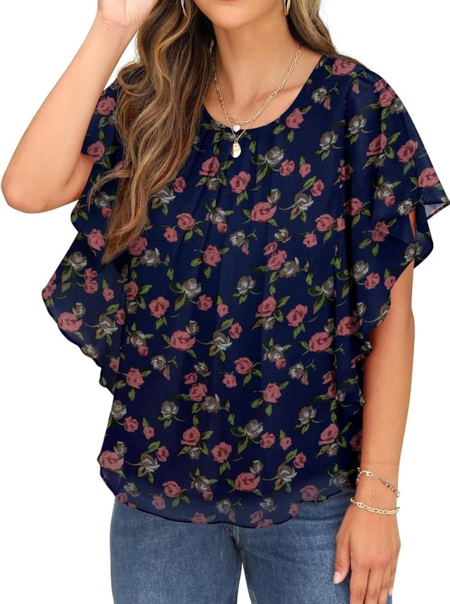 Detalle 2 de QIXING Chiffon Kurzarm Bluse Damen mit Fledermausärmel und Rundhalsausschnitt