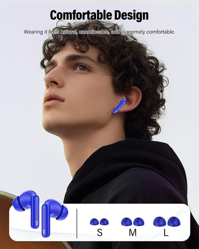 Detalle de Btootos Wireless Earbuds (Bluetooth 5.4) with 4-Mic ENC, Noise Cancelling Bass & LED Display, Blue
