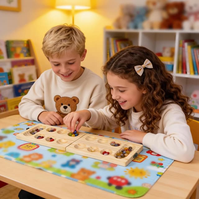 Detalle de Mancala Steinchenspiel (Kalaha/Hus/Bao) aus verdicktem Naturholz mit bunten Steinen & Aufbewahrungsbeutel