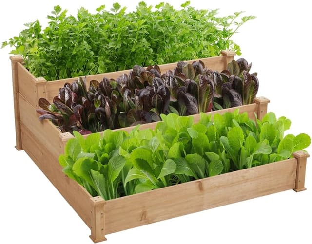 Detalle de Yaheetech letto orto rialzato da giardino ETSerno interno grande a 3 livelli, 120 x 120 x 56 cm, in legno marrone chiaro