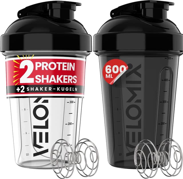 Detalle de VELOMIX 2er-Set Eiweiß-Shaker (600 ml) – auslaufsicher, BPA-frei, spülmaschinengeeignet