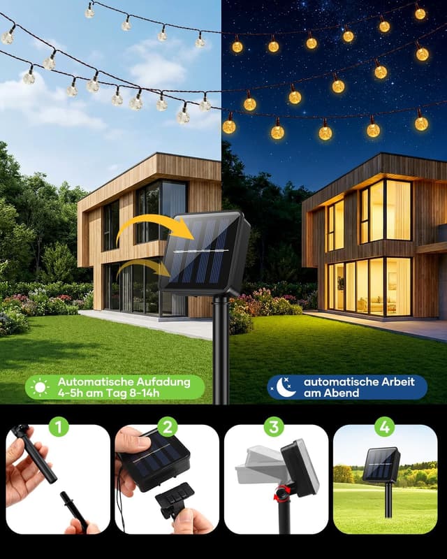 Detalle de Suright Solar-Lichterkette außen 8 m mit 30 warmweißen Mini-LEDs, 8 Modi & IP65