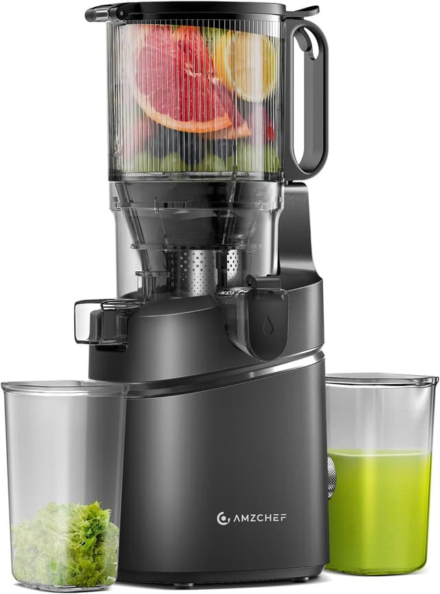 Detalle de AMZCHEF Automatic Cold Press Juicer Machine (250W) with 145mm Chute and 2L Capacity, Triple Filter, Safety Lock