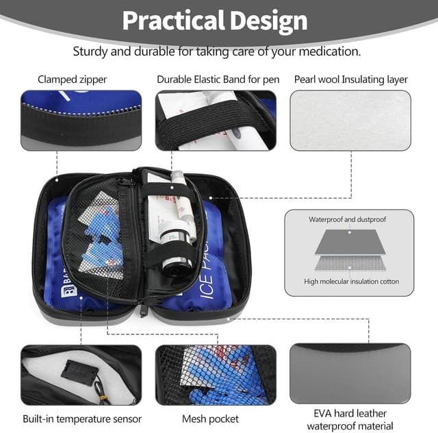 Detalle 2 de HIMDUZE Insulin-Kühltasche & Reisekoffer mit Temperaturanzeige, TSA-zugelassen – inkl. 2 wiederverwendbarer Kühlakkus