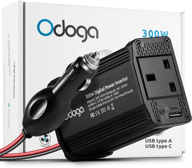 Detalle de Odoga 300W Car Power Inverter (12V to 240V) with USB-A & USB-C 3A Charging Ports