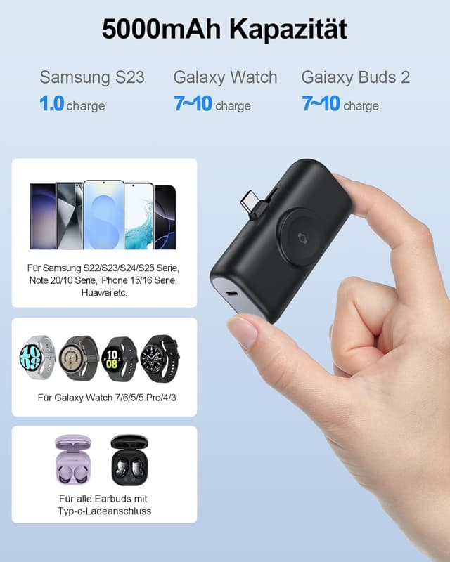 Detalle de Mini Powerbank für Samsung & Galaxy Watch (5000 mAh, 3-in-1) – kompakter Notstrom mit Schnellladefunktion
