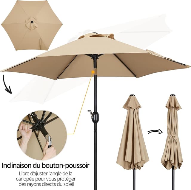 Detalle de Yaheetech Parasol de jardin inclinable 230 cm, toile polyester et 6 baleines métalliques