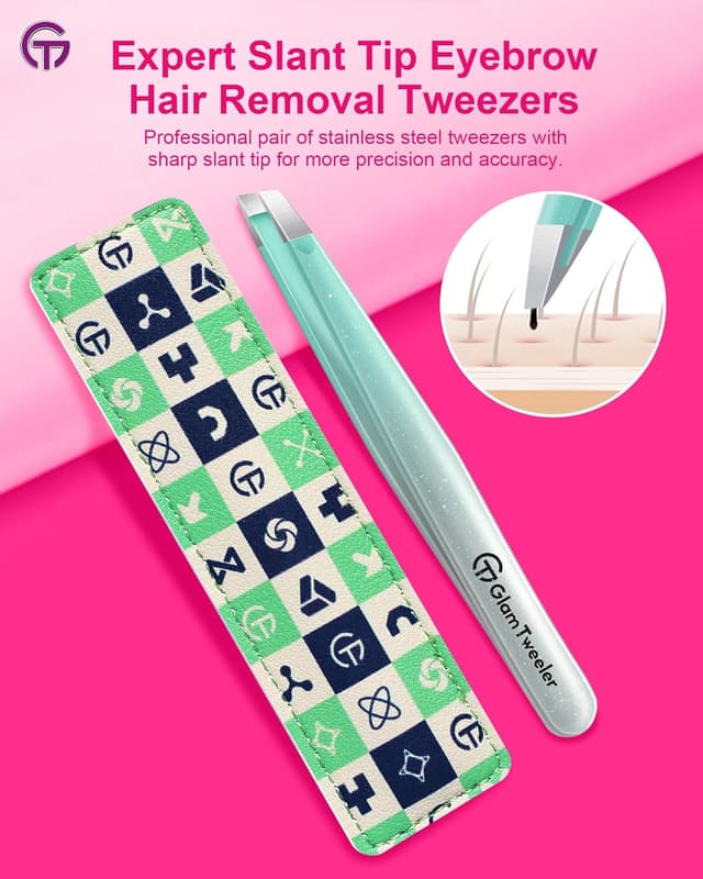 Detalle 2 de GlamTweeler Expert Slant Tip Tweezers with Leather Case (Sparkle Mint Green & Silver)