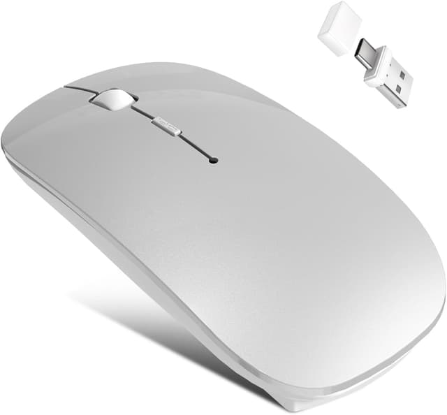 Detalle de Azmall Wireless Mouse Slim (wiederaufladbar, Dual-Modus 2,4G & Bluetooth, silberner Jiggler-Modus) für MacBook Air, Laptop & Tablet