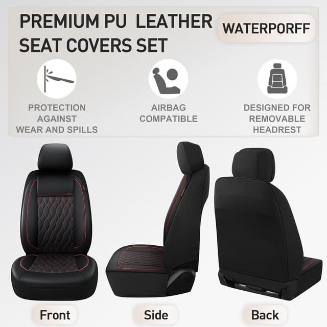 Thumbnail 6 de CAROMOP Faux Leather Car Seat Covers Full Set (Split Bench Compatible, Airbag Compatible) — 5-Seat Black/Red
