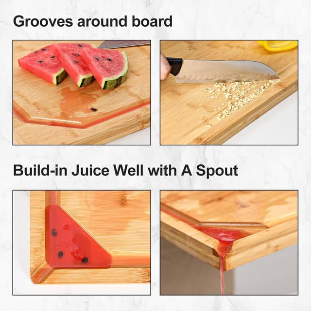 Detalle de 30 x 20 Extra-Large Bamboo Cutting Board with Juice Groove, Handle & Spout Well