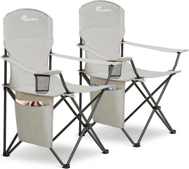 Detalle de SUNMER Folding Camping Chairs (Set of 2) – Extra-Wide Lightweight Outdoor Chairs with Armrests, Cup Holder & Pocket – Grey