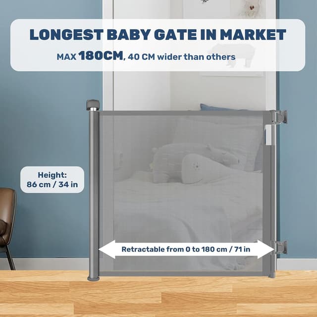 Thumbnail 4 de HollyHOME Retractable Baby Gate 180 cm โ Extra wide safety gate ๐ช