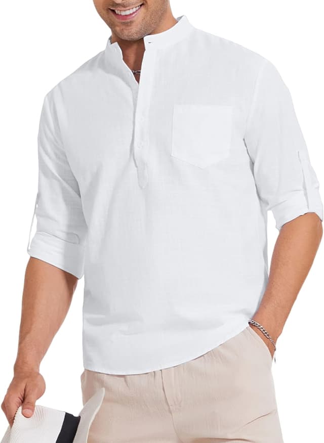 Detalle 2 de YAOBAOLE chemise en lin pour homme à col Henley et manches longues