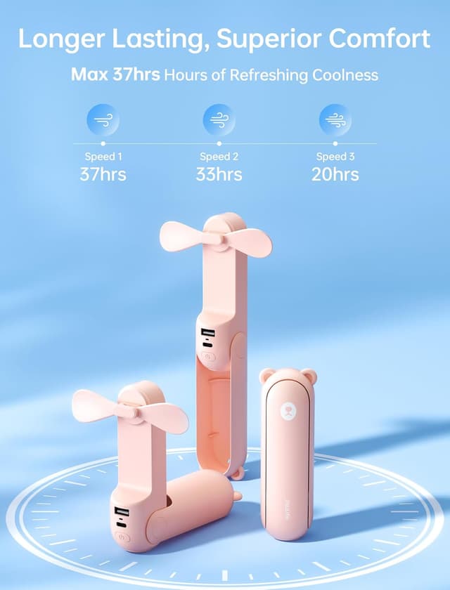 Detalle de JISULIFE handheld fan with 4500 mAh power bank (max 37 hours runtime) – pink