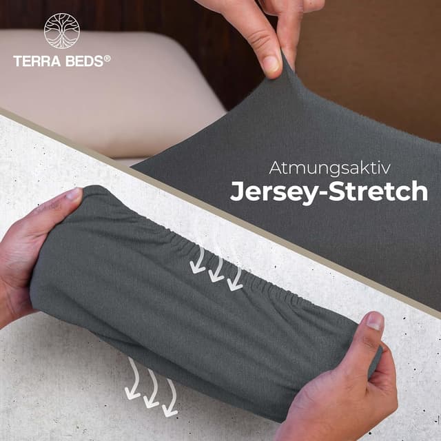 Detalle de Terra Beds Premium Topper Spannbettlaken (180x200–200x200 cm, 160 g/m²) aus Baumwoll-Jersey für Boxspring-Topper