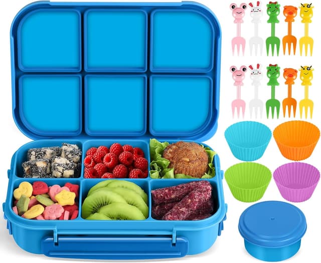 Detalle de Amathley Kinder-Brotdose mit Fächern (1200 ml) – Bento Box Blau mit 6 Fächern, Soßenbehälter & Cartoon-Set