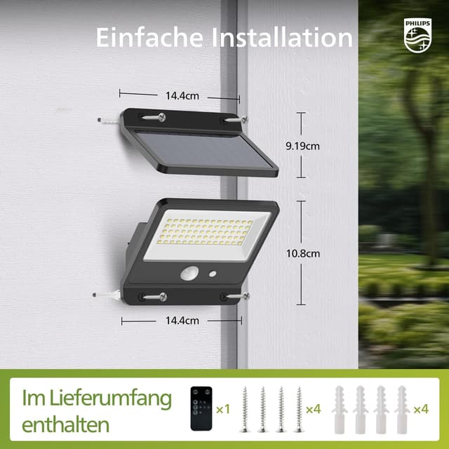 Detalle de Philips Solar-Außenleuchte 6500K LED mit PIR-Bewegungsmelder, IP65, Fernbedienung (2er-Set)