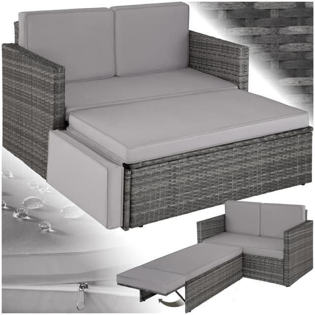 Detalle de tectake Sofa Set: 2-Sitzer Couch mit Hocker, Schlaffunktion und wetterfestem Polyrattan für Outdoor