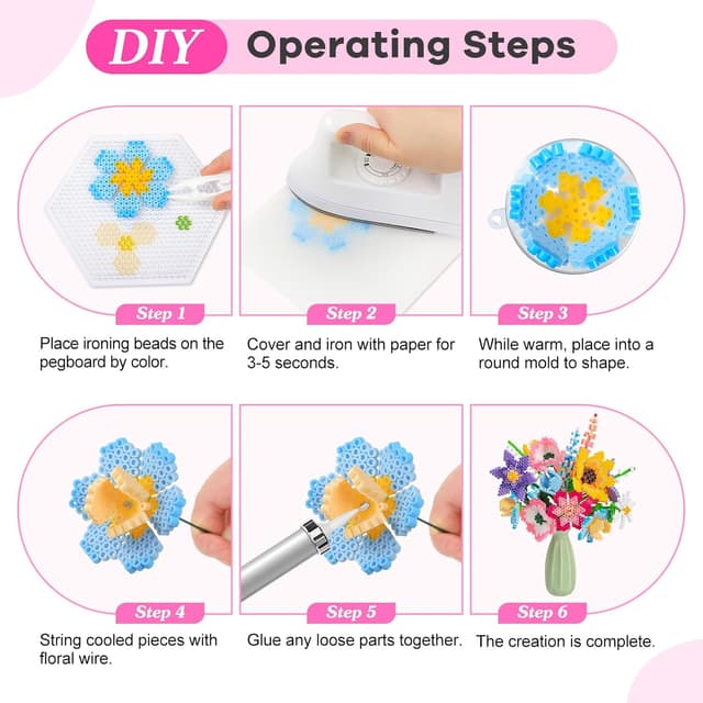 Detalle de WEVOL Bügelperlen Bastelset Blumen mit 4.300 Steckperlen (5 mm), 16 Farben, 14 Vorlagen & Aufbewahrungsbox