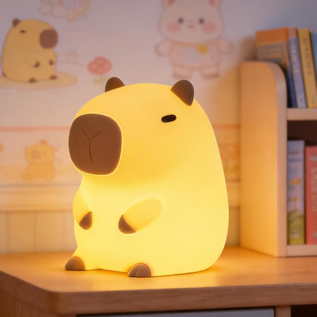 Detalle de FAMIDUO Capybara Night Light for Kids – rechargeable touch LED squishy lamp with 2 dimmable levels