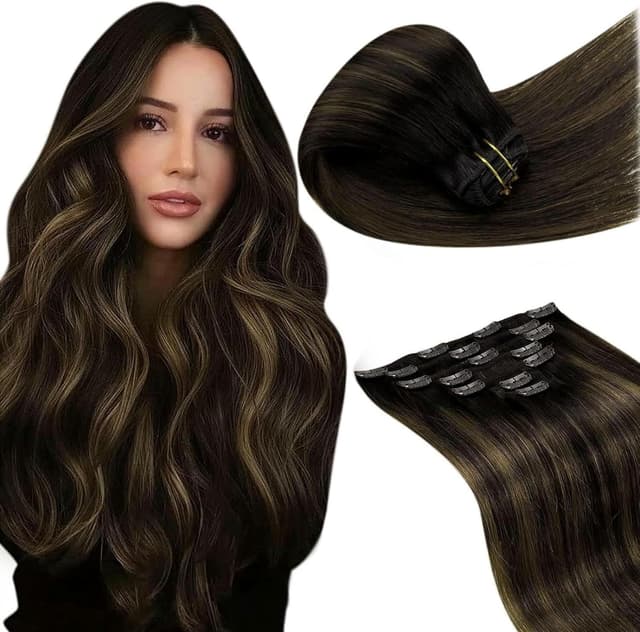 Detalle de Extension à clip LaaVoo cheveux naturels double trame – Balayage marron foncé à brun clair (longueur 40 cm, 7 pièces, 120 g)