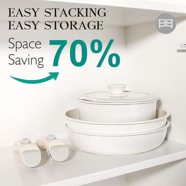 Detalle 2 de GiPP 11-piece Non Stick Pots and Pans Set with Detachable Handle (White Granite, PFOA-free)