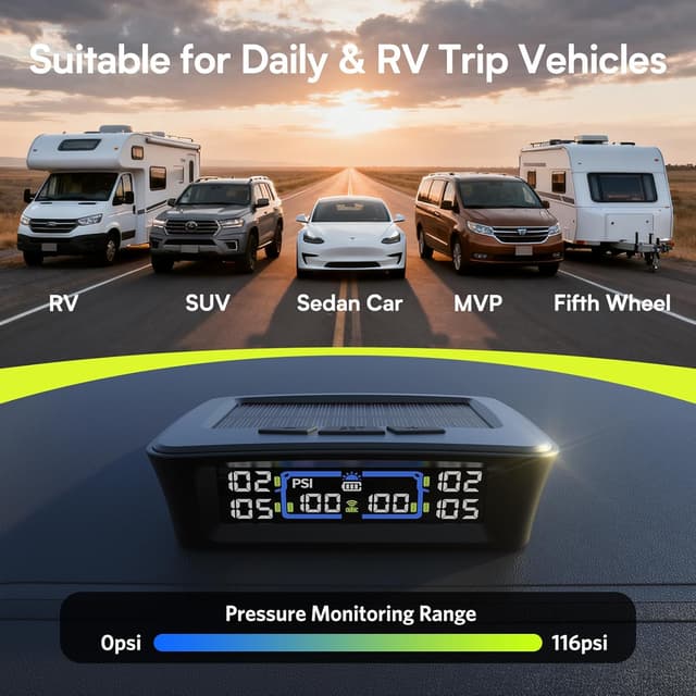 Detalle 2 de Tymate TM12 RV Tire Pressure Monitoring System (TPMS) with USB-C/Solar Charging, Set of 6 Sensors, 2026 Version