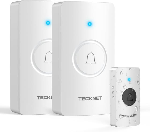 Detalle de TECKNET Funkklingel mit 400 m Reichweite, IP67, 2 Empfängern und 60 Melodien (weiß)