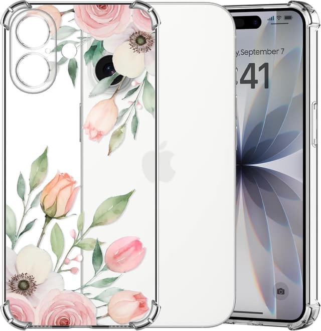Detalle de Choeeu ChoosEU transparente Hülle für iPhone 17 – weiches TPU/ Silikon-Case mit Blume-Muster (Rose/Tulpen)