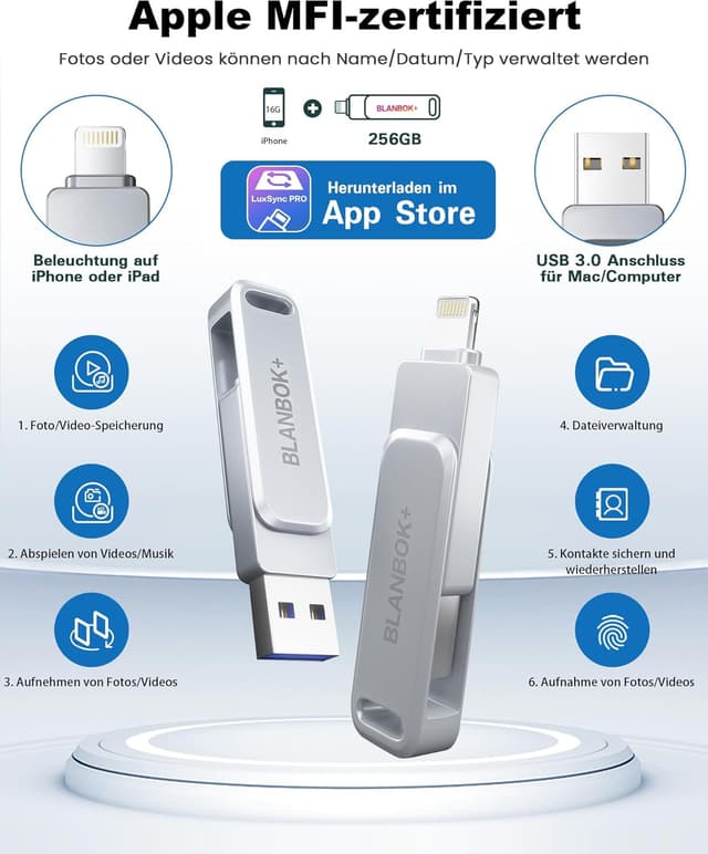 Detalle 2 de BLANBOK+ MFi-zertifizierter USB-Stick (256 GB) mit Lightning & USB – iPhone/ iPad Backup & Fotostick