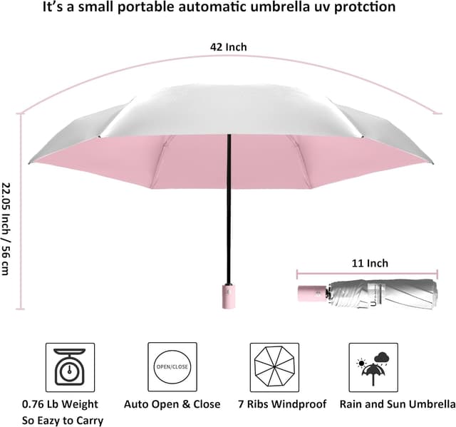 Detalle 2 de BAODINI Small UV Protection Travel Umbrella (UPF 50+), compact windproof rain & sun umbrella, 42 inch canopy