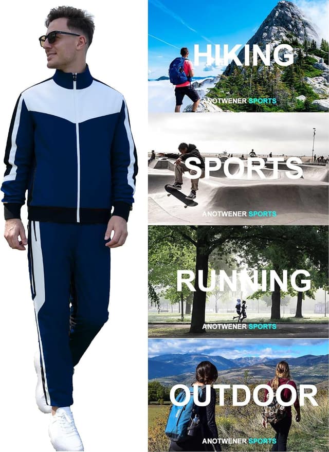 Detalle de ANOTWENER Herren Trainingsanzug-Set mit Kontrastdetails und durchgehendem Reißverschluss