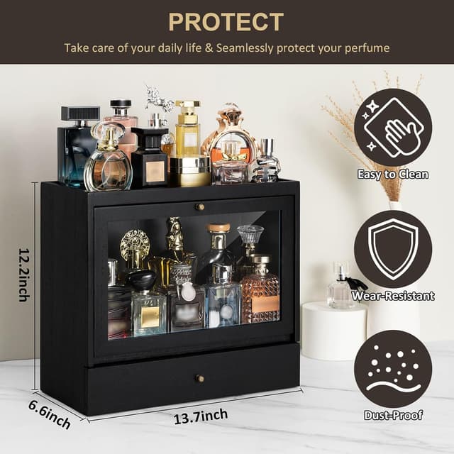 Detalle 2 de Emfogoo Cologne Stand (Black) – Solid Wood 3-Tier Perfume Organiser with Drawer Storage