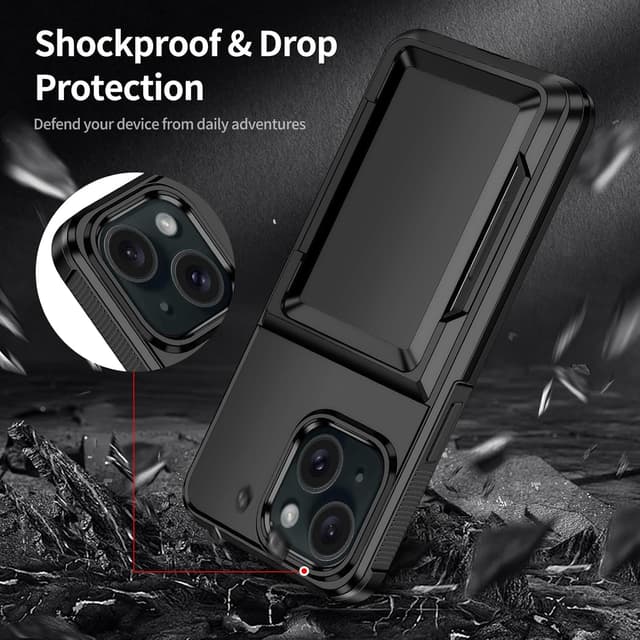 Detalle 2 de Aolcev iPhone 15 Case with Card Holder (up to 4 cards) – dual-layer shockproof wallet cover, Black