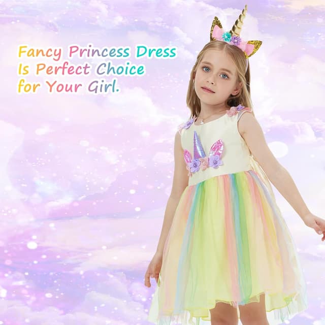 Detalle 2 de URAQT Mädchen Prinzessin Kleid Einhorn-Design (100 cm) mit Halskette und Stirnband – Karneval & Party