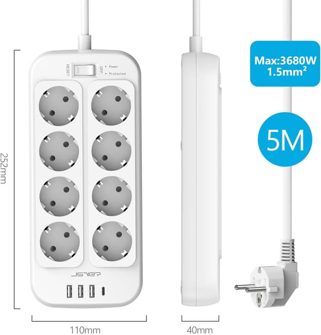 Detalle 2 de JSVER Steckdosenleiste 5 m (8-fach) mit 4 USB und Überspannungsschutz – Schalter, Wandmontage, Weiß